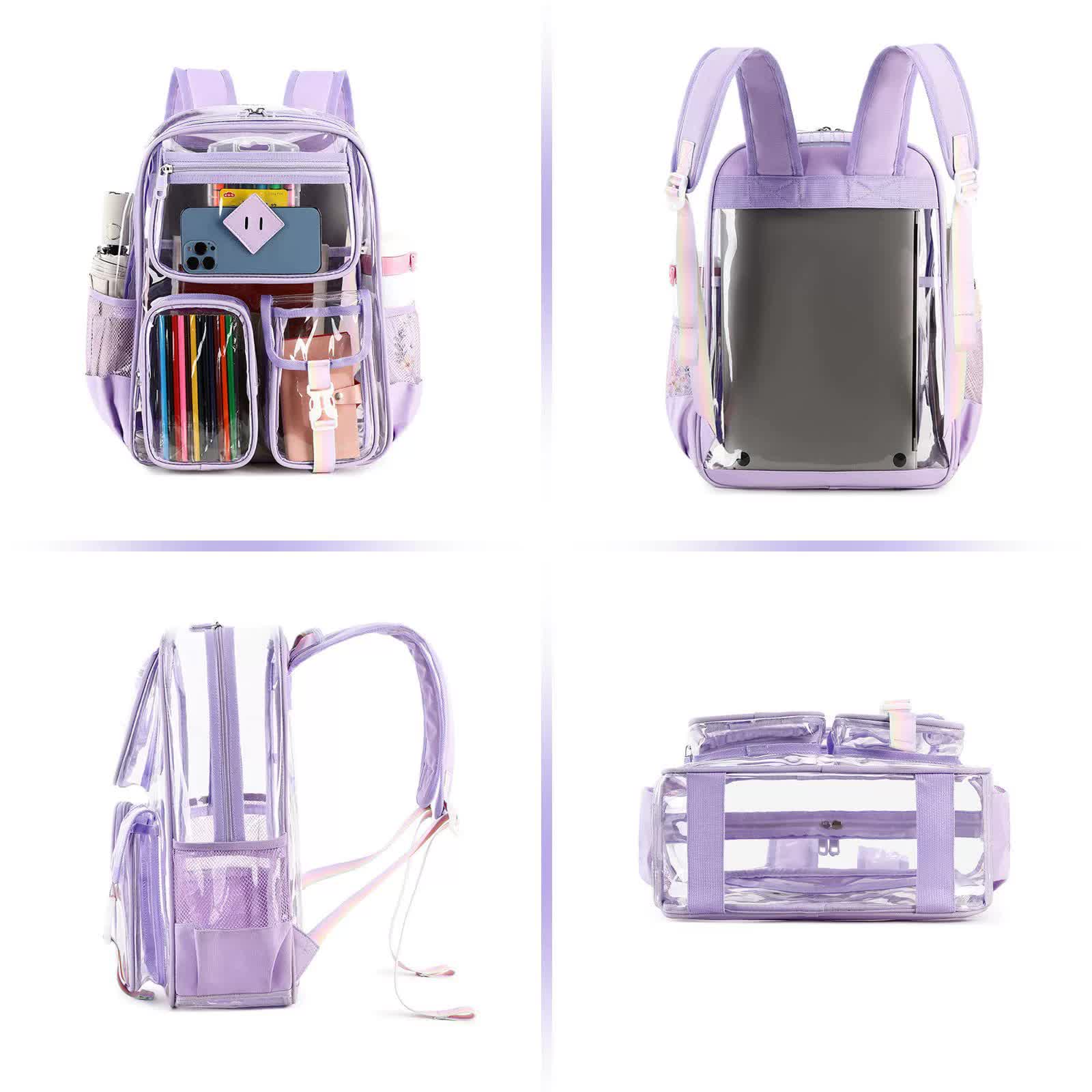 Purple Clear Transparent Backpack - Stylish PVC School Bag with Multiple Pockets