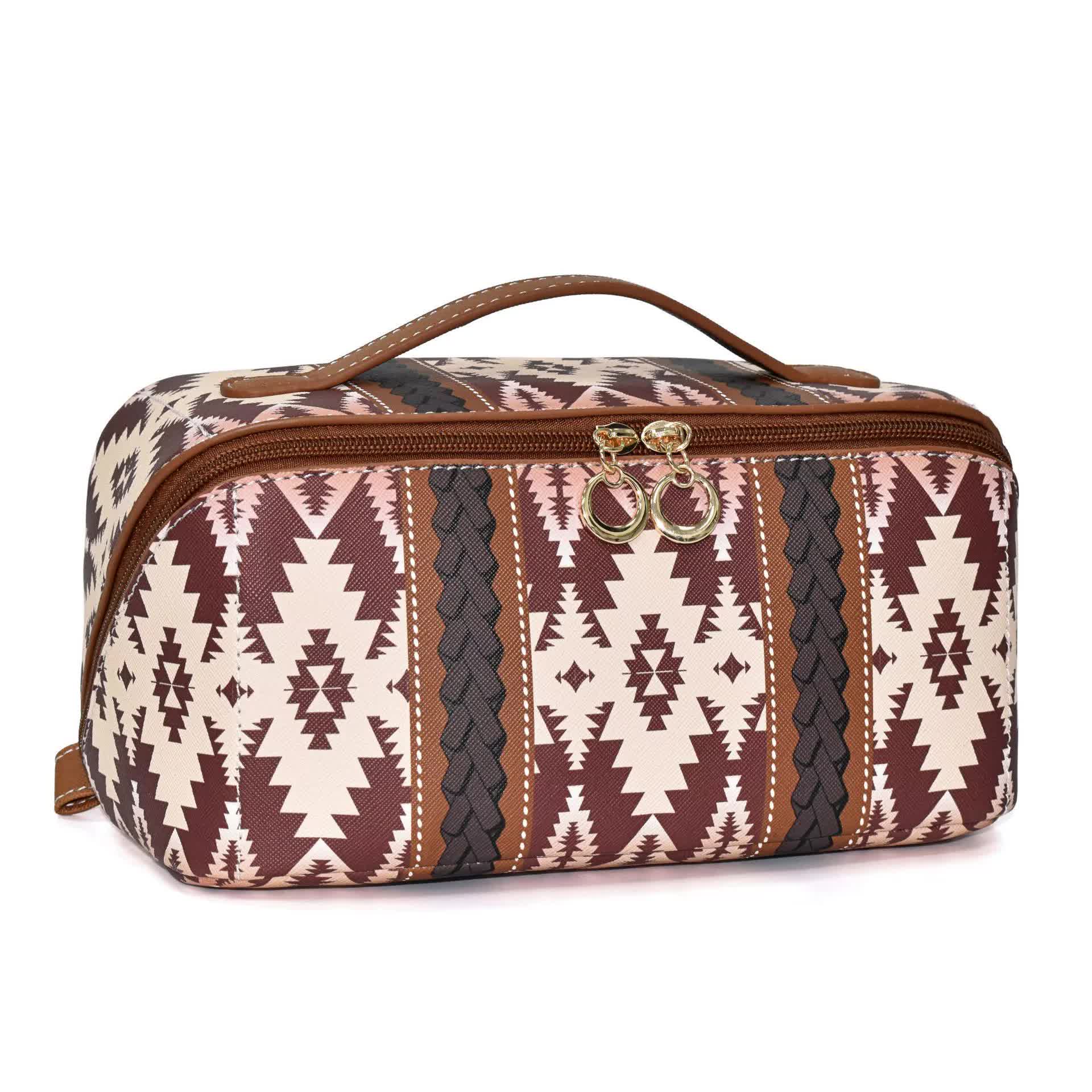 Brown Boho Travel Cosmetic Bag - Large Waterproof Makeup Organizer with Handle