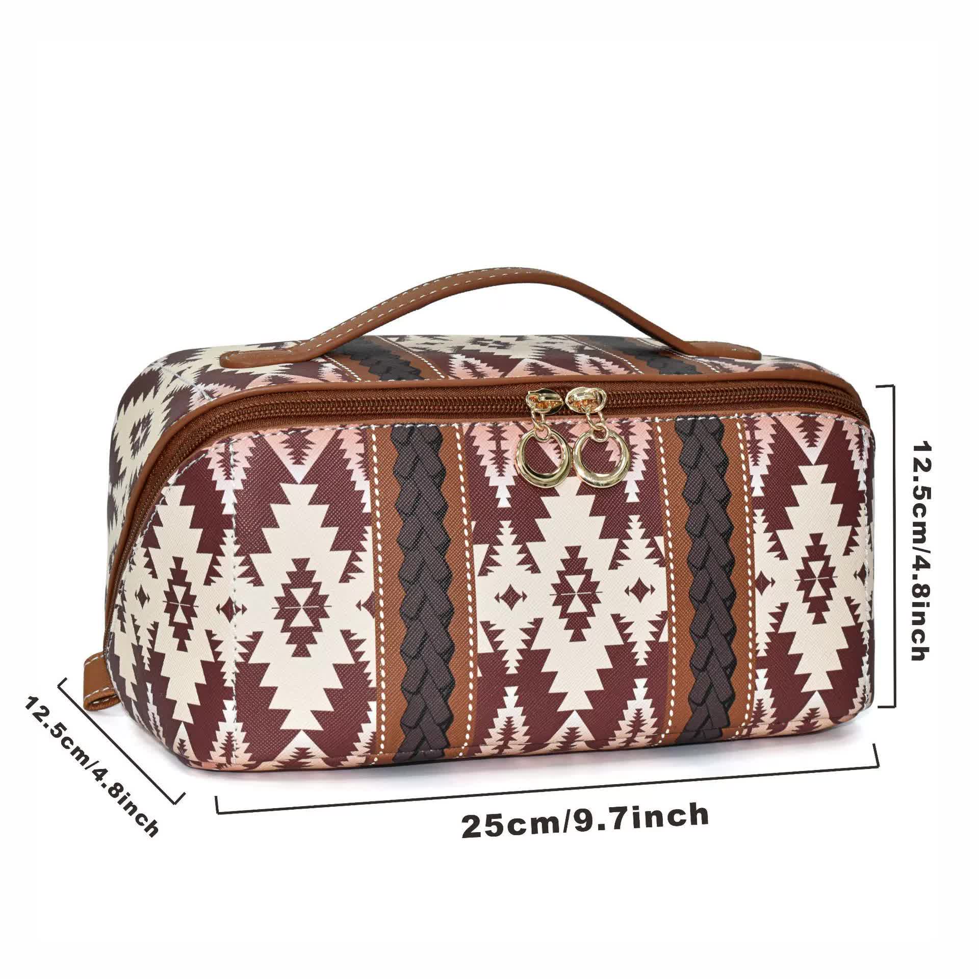 Brown Boho Travel Cosmetic Bag - Large Waterproof Makeup Organizer with Handle