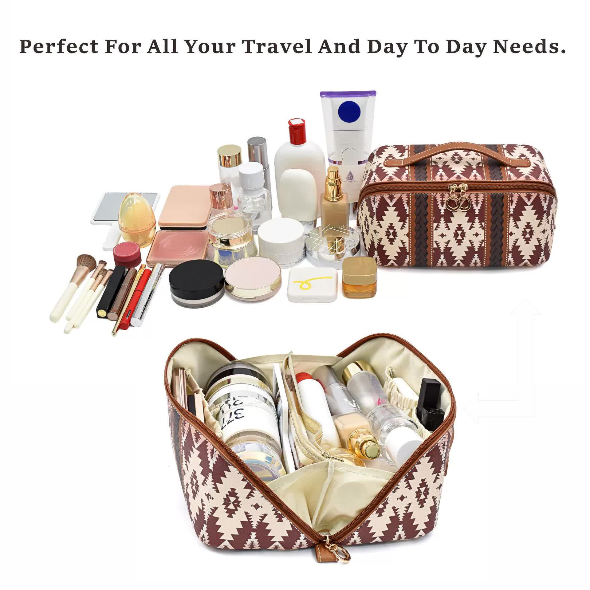 Brown Boho Travel Cosmetic Bag - Large Waterproof Makeup Organizer with Handle