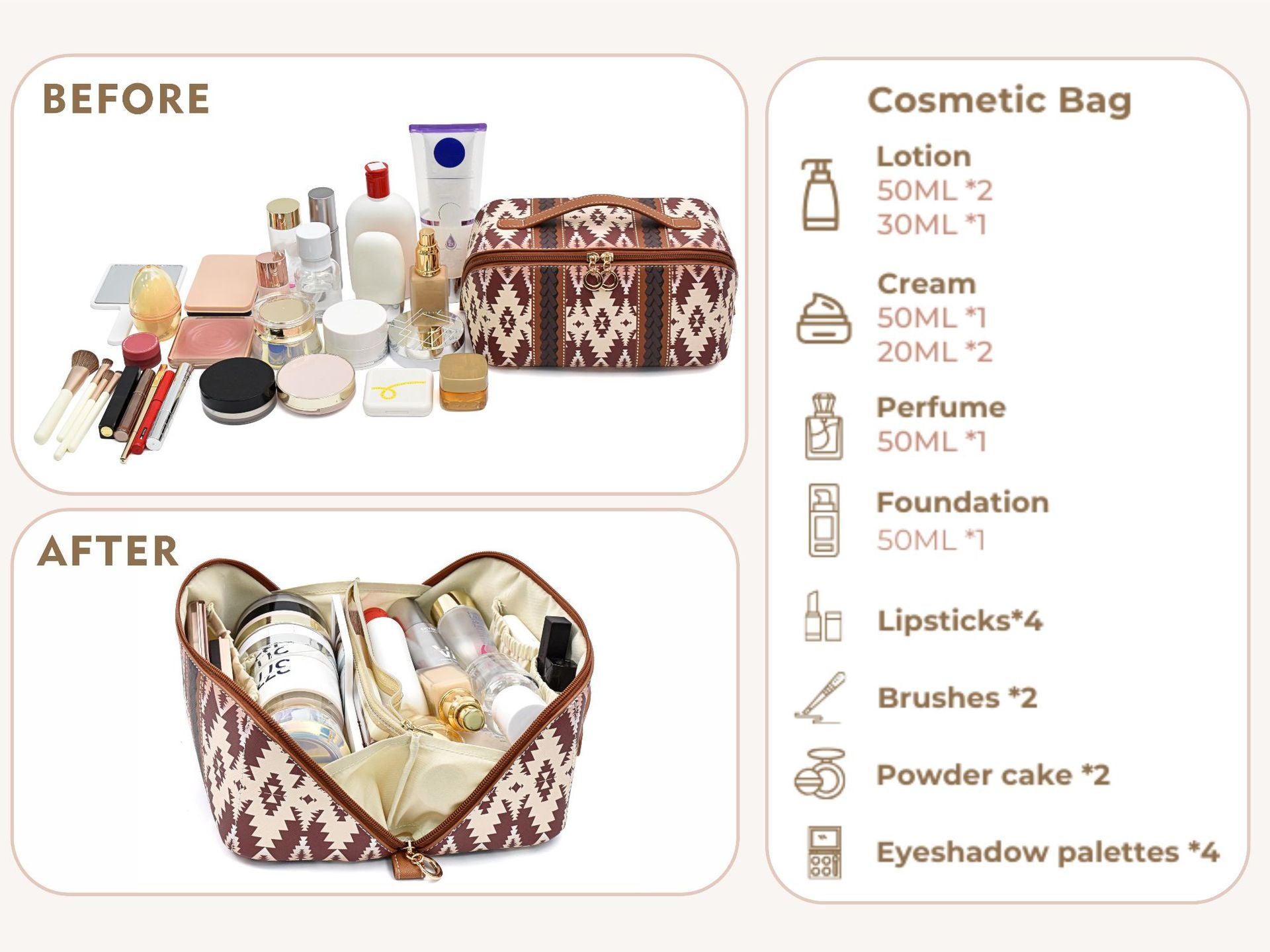 Brown Boho Travel Cosmetic Bag - Large Waterproof Makeup Organizer with Handle