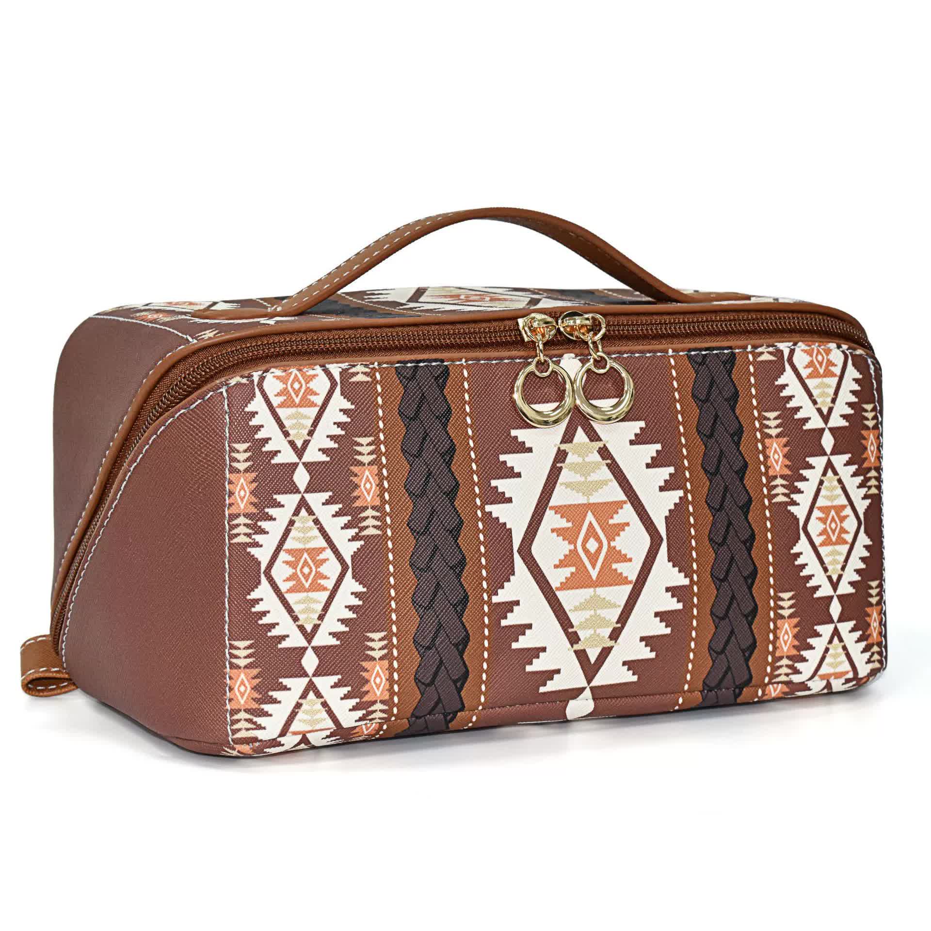 Coffee Brown Boho Travel Cosmetic Bag - Large Waterproof Makeup Organizer with Handle