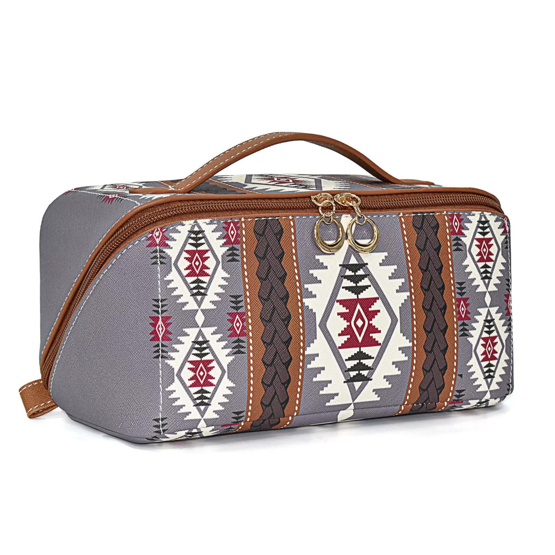 Purple Boho Travel Cosmetic Bag - Large Waterproof Makeup Organizer with Handle