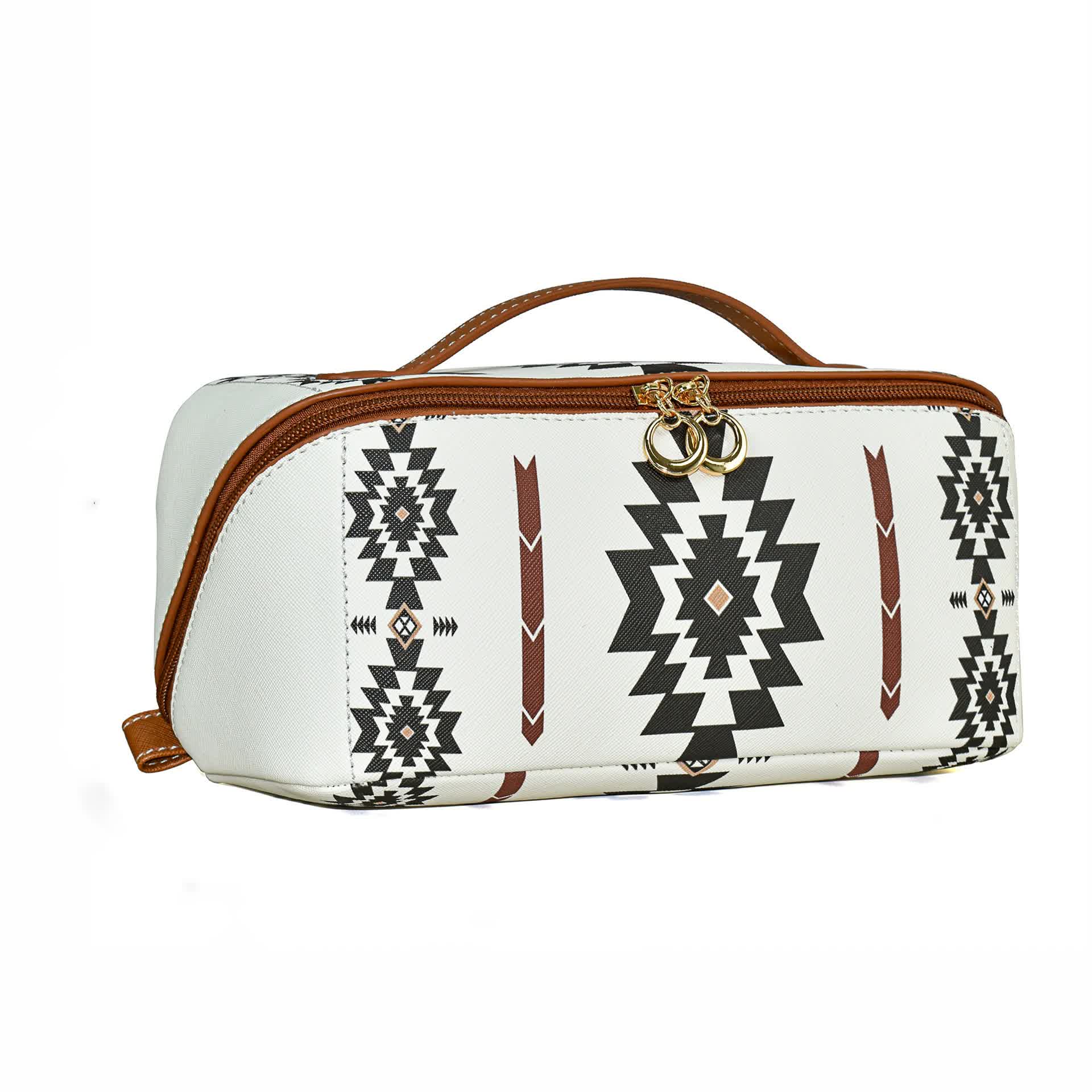 White Boho Travel Cosmetic Bag - Large Waterproof Makeup Organizer with Handle