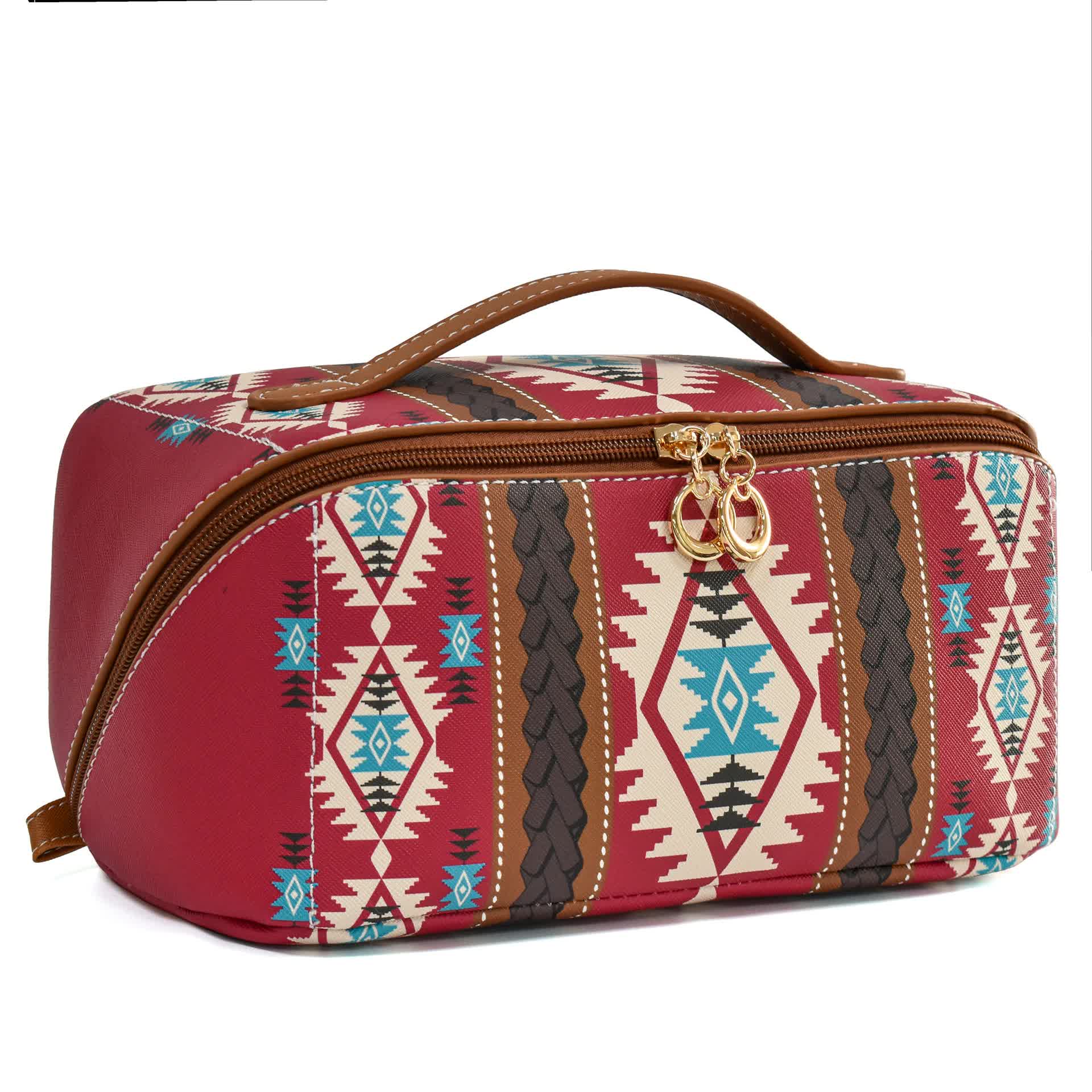 Red Horizontal Pattern Boho Travel Cosmetic Bag - Large Waterproof Makeup Organizer with Handle