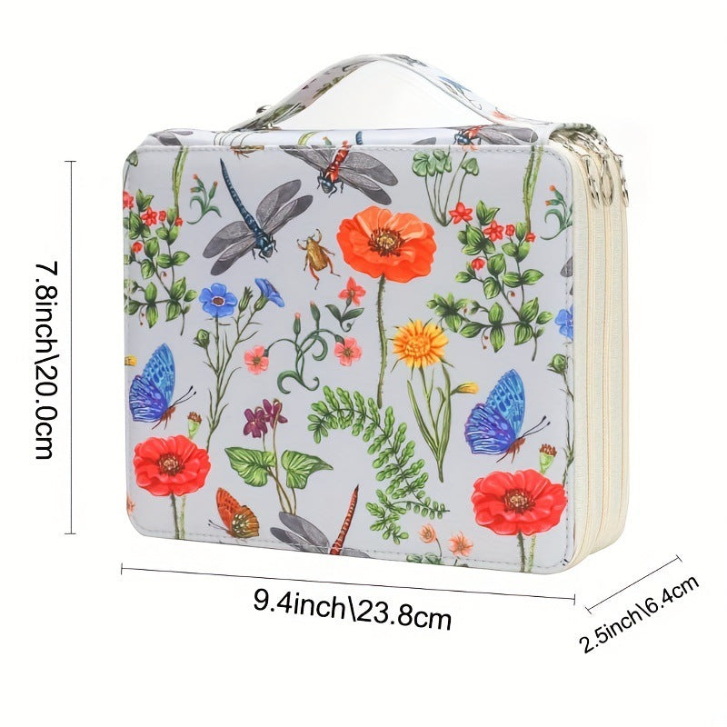 White Floral Design Portable Zippered Pencil Case - 3-Layer Large Capacity Organizer for Stationery & Art Supplies