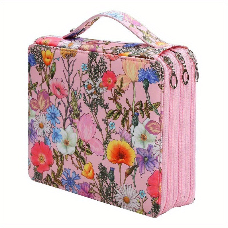 Pink Floral Design Portable Zippered Pencil Case - 3-Layer Large Capacity Organizer for Stationery & Art Supplies