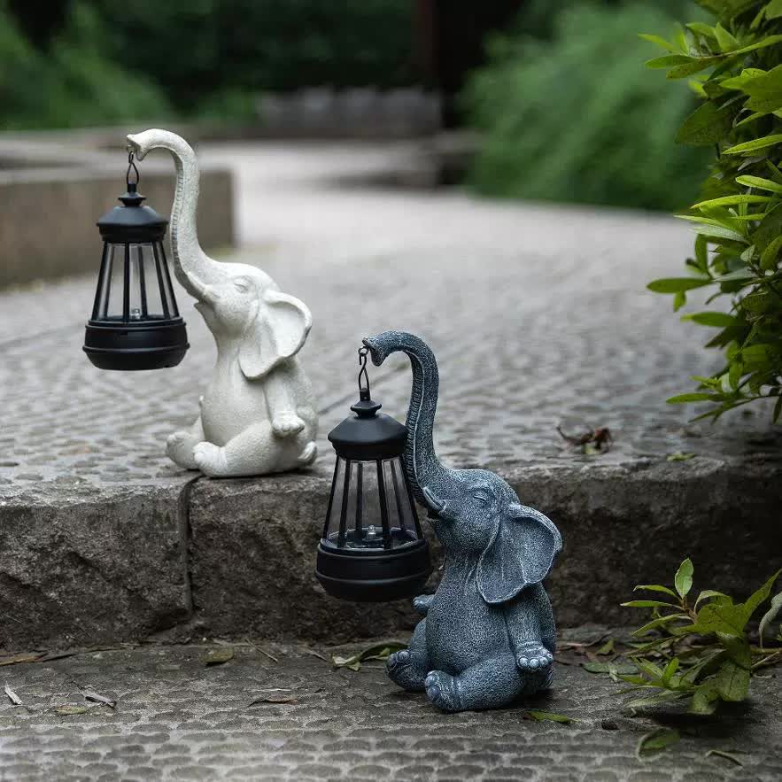 Grey Meditating Elephant Solar Lantern Statue - Decorative Garden Light for Outdoor Spaces