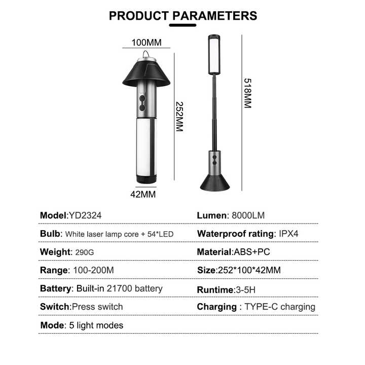 Multifunctional Telescopic Camping Lantern – Portable LED Light with Adjustable Height and USB-C Charging (Up to 51.8 cm)