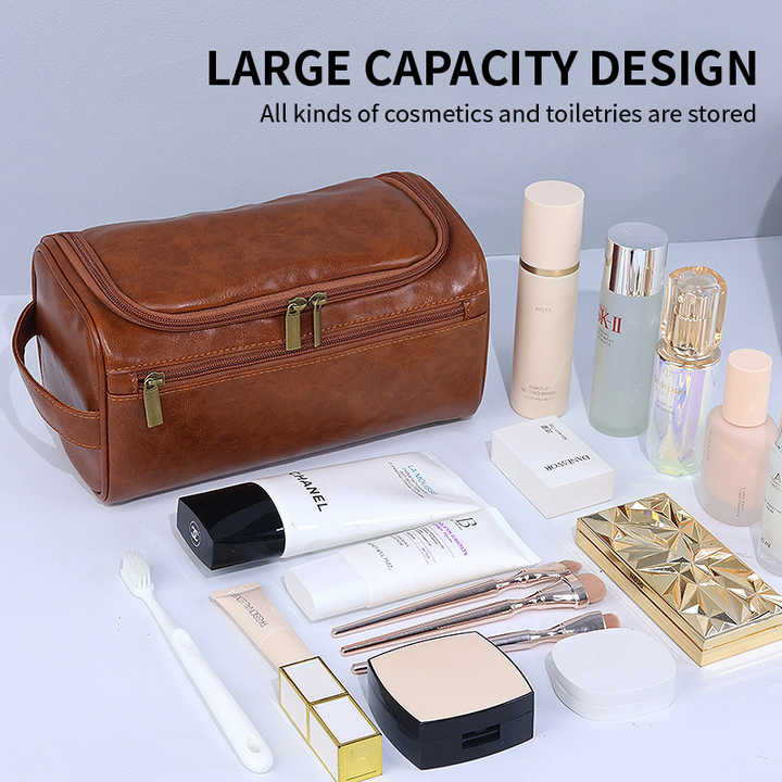 Brown Premium PU Leather Travel Toiletry Bag with Zipper Compartments