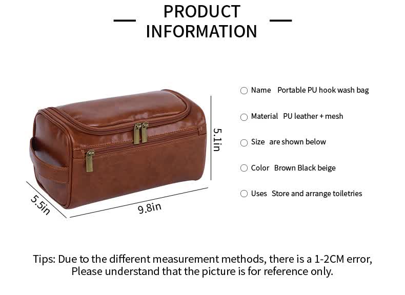 Brown Premium PU Leather Travel Toiletry Bag with Zipper Compartments