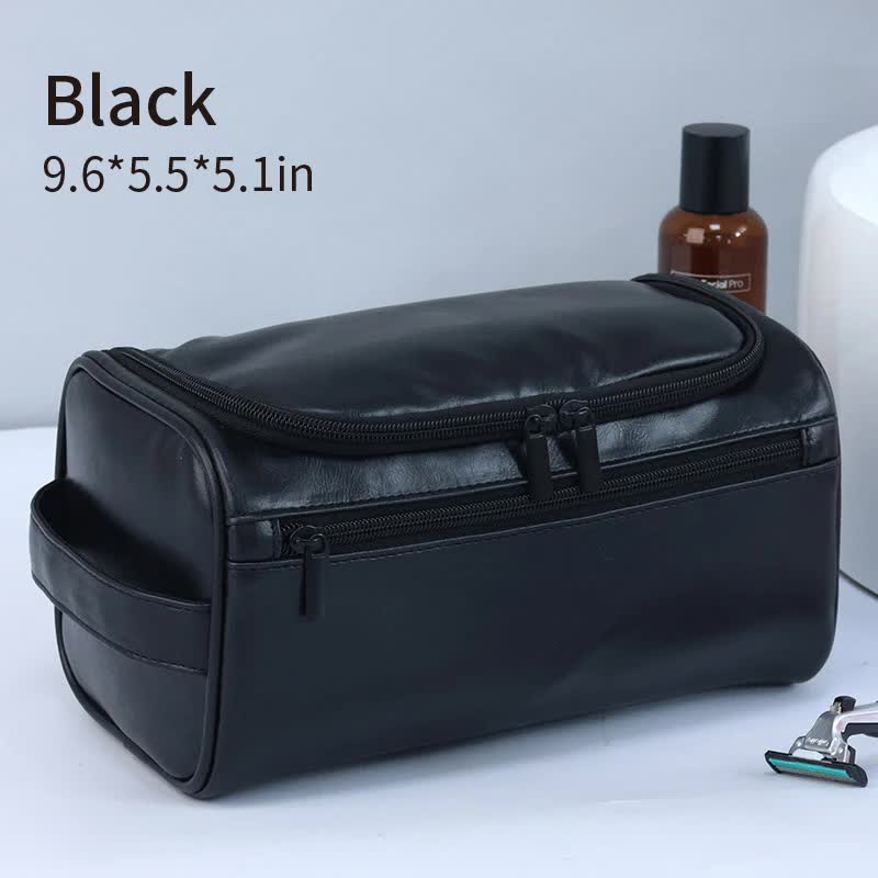 Black Premium PU Leather Travel Toiletry Bag with Zipper Compartments