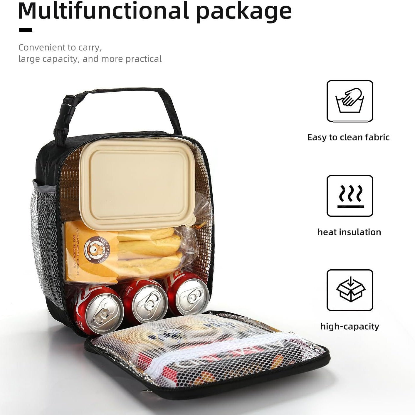 Black-grey Set of 2 Handheld Insulated Lunch Bags for Food Storage