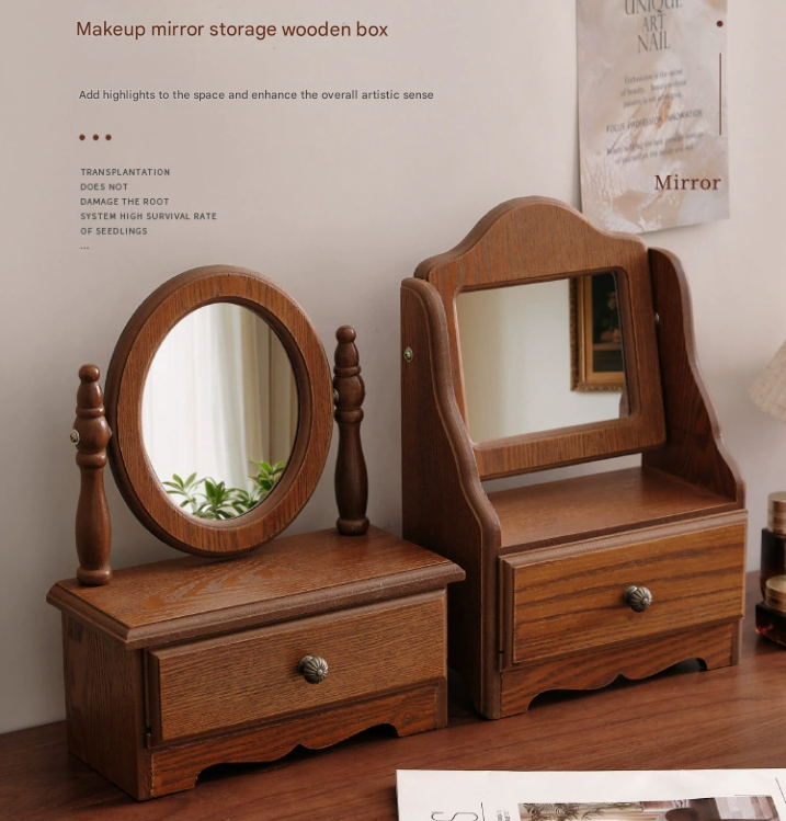 Round Mirror with Drawer Orbicular Wooden Tabletop Vanity Mirror Elegant Design