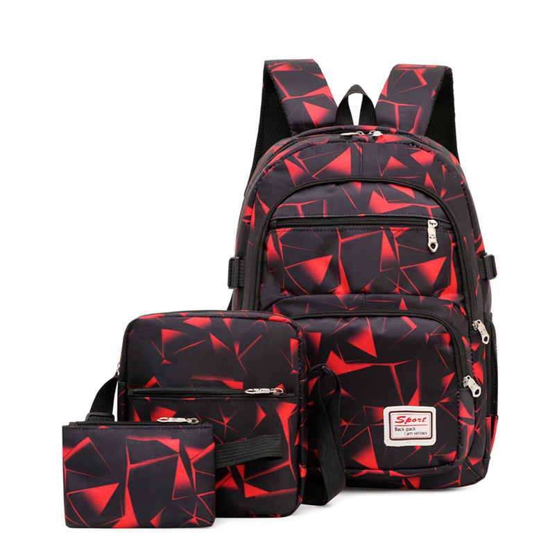 Red Stylish 3-Piece Backpack Set with Unique Geometric Design