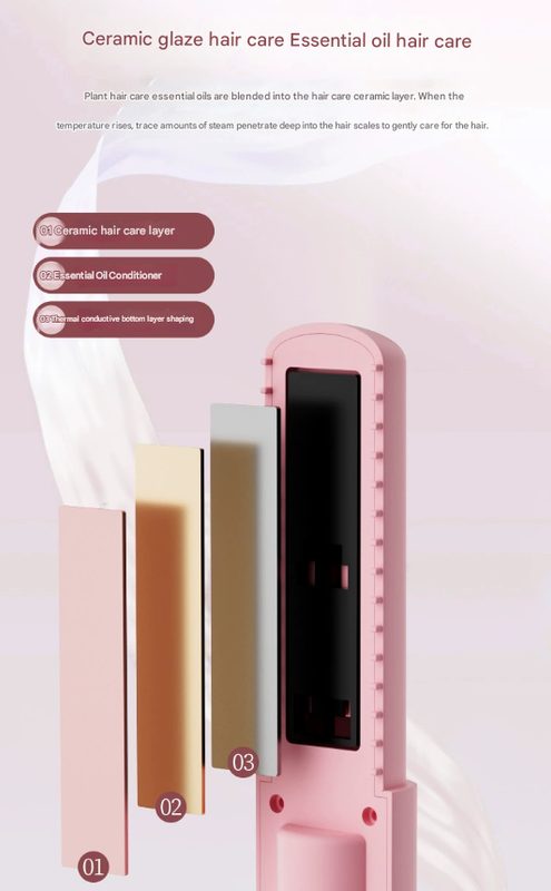 Pink Portable Two-in-One Wireless Hair Straightener and Curler with Six Temperature Settings and Intelligent Liquid Crystal Display