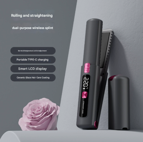 Black Portable Two-in-One Wireless Hair Straightener and Curler with Six Temperature Settings and Intelligent Liquid Crystal Display