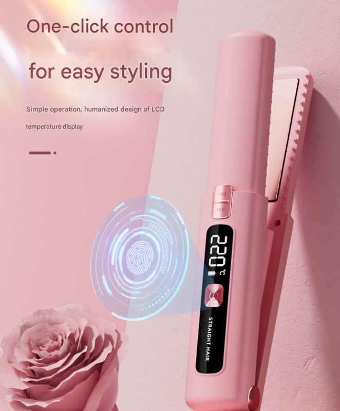 Black Portable Two-in-One Wireless Hair Straightener and Curler with Six Temperature Settings and Intelligent Liquid Crystal Display