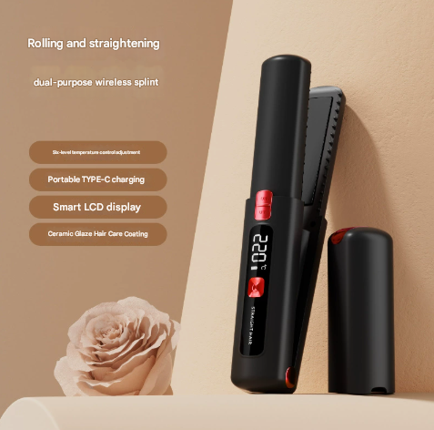 Black-red Portable Two-in-One Wireless Hair Straightener and Curler with Six Temperature Settings and Intelligent Liquid Crystal Display