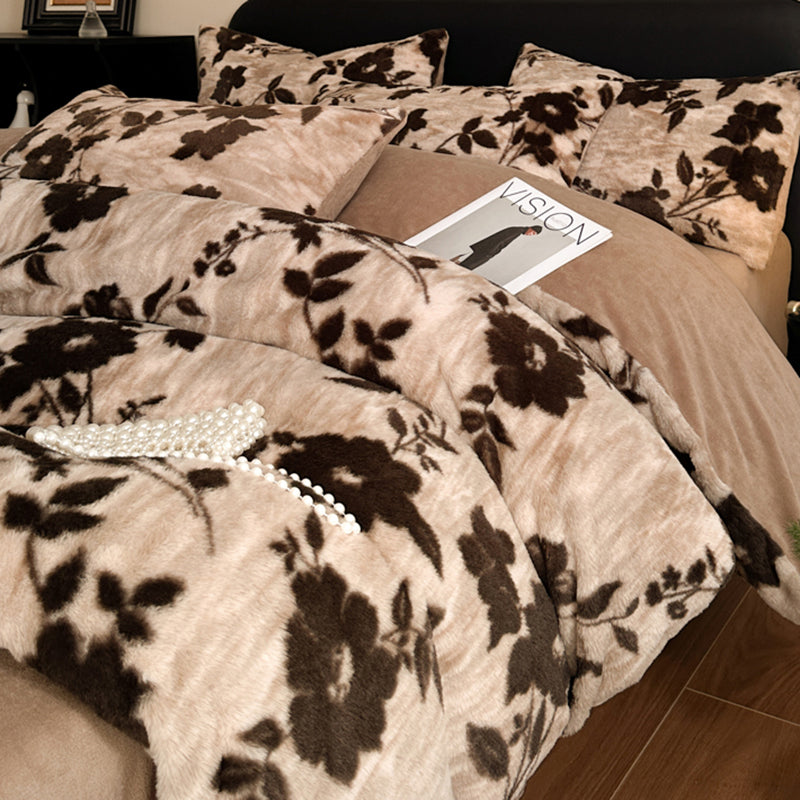 Khaki Luxury Winter Faux Rabbit Fur Bedding Set - 4-Piece Melange Style Plush Set for 1.8m Beds 200x230cm Duvet Cover