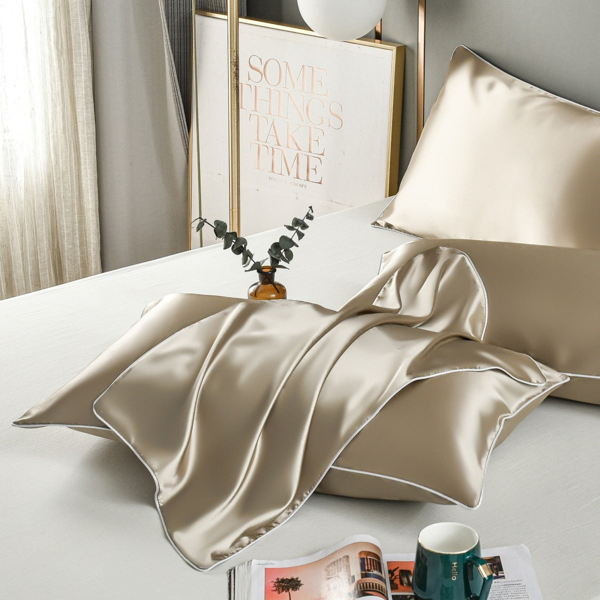 Champagne Gold Luxury Double-Sided Satin Silk Pillowcase – Summer Cooling Polyester Pillow Cover Set Without Pillow Core