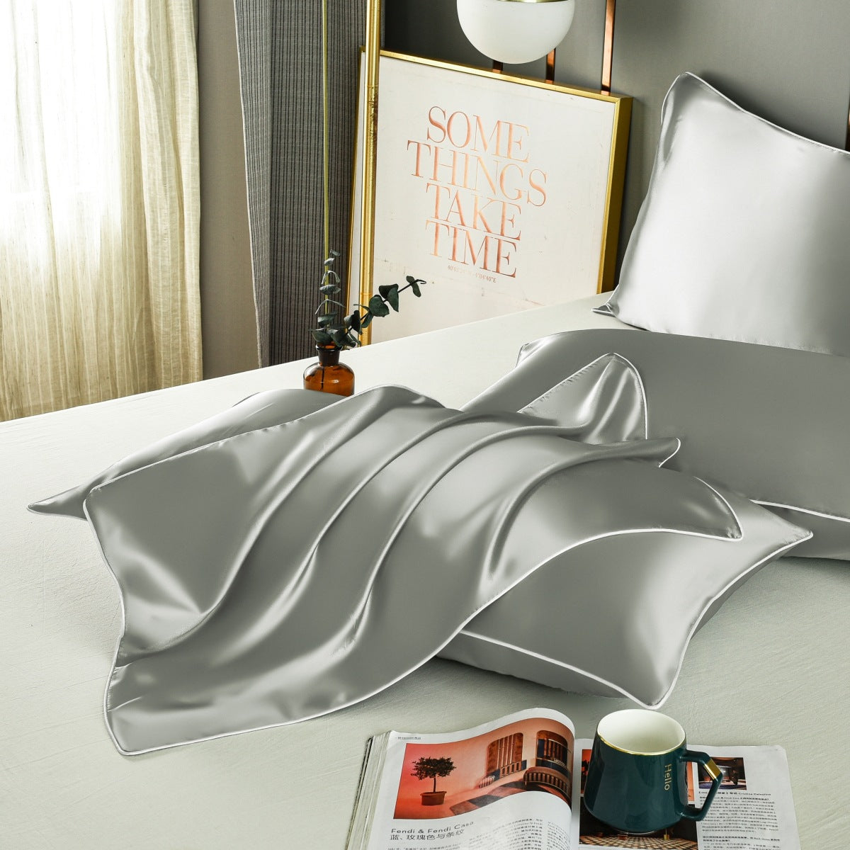 Grey Luxury Double-Sided Satin Silk Pillowcase - Summer Cooling Polyester Pillow Cover Set Without Pillow Core