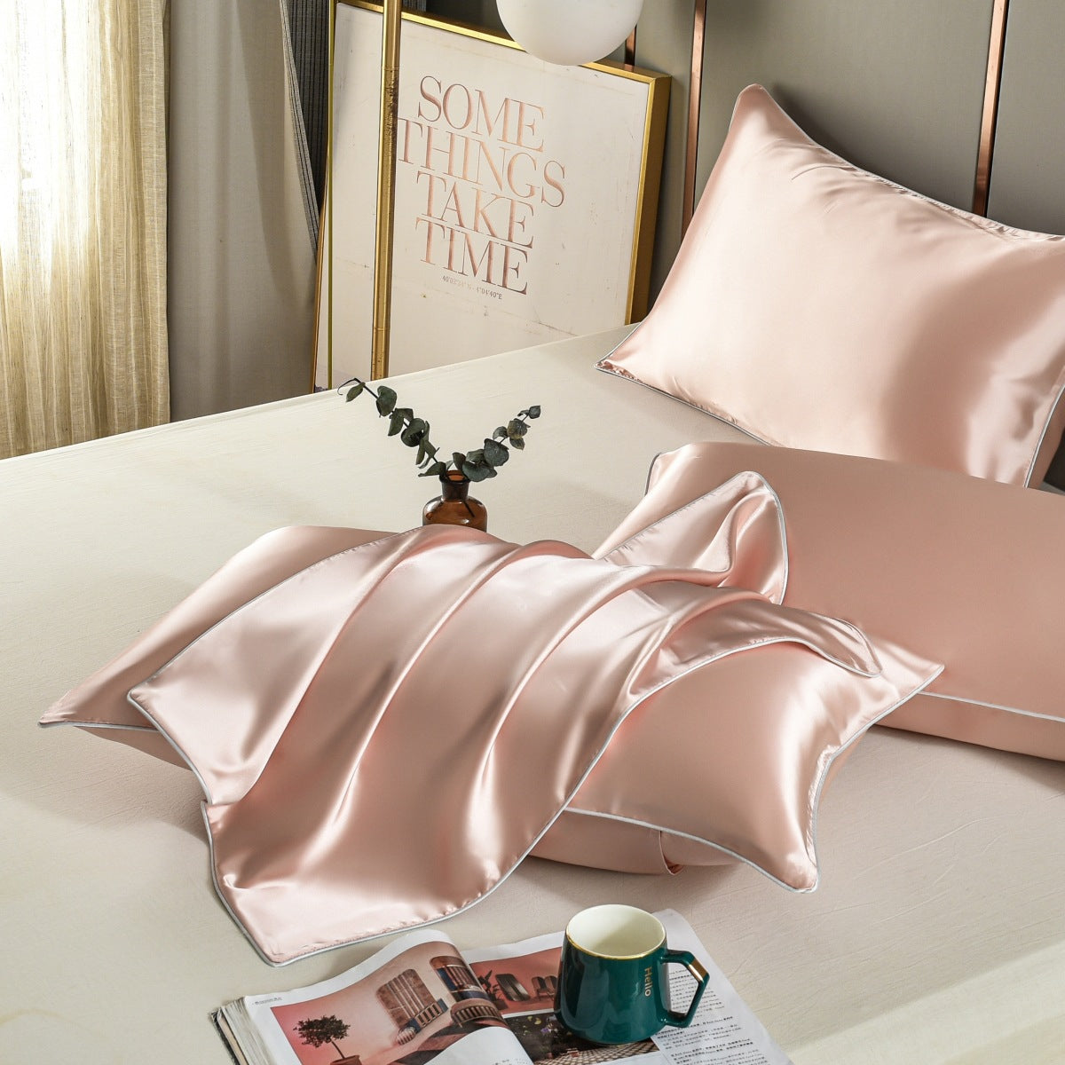 Pink Luxury Double-Sided Satin Silk Pillowcase - Summer Cooling Polyester Pillow Cover Set Without Pillow Core