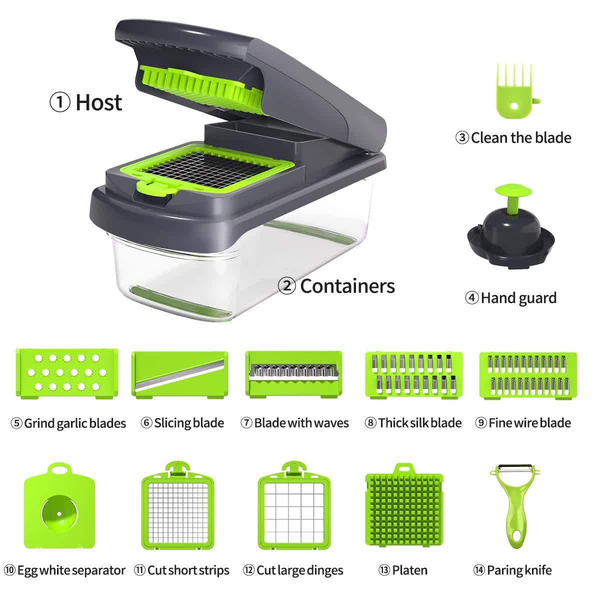 Green and Grey 14-Piece Multifunctional Vegetable Chopper and Slicer Set - Kitchen Cutting and Grating Tool