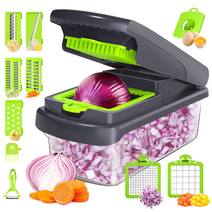 Green and Grey 14-Piece Multifunctional Vegetable Chopper and Slicer Set - Kitchen Cutting and Grating Tool