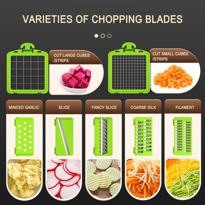 Green and Grey 14-Piece Multifunctional Vegetable Chopper and Slicer Set - Kitchen Cutting and Grating Tool