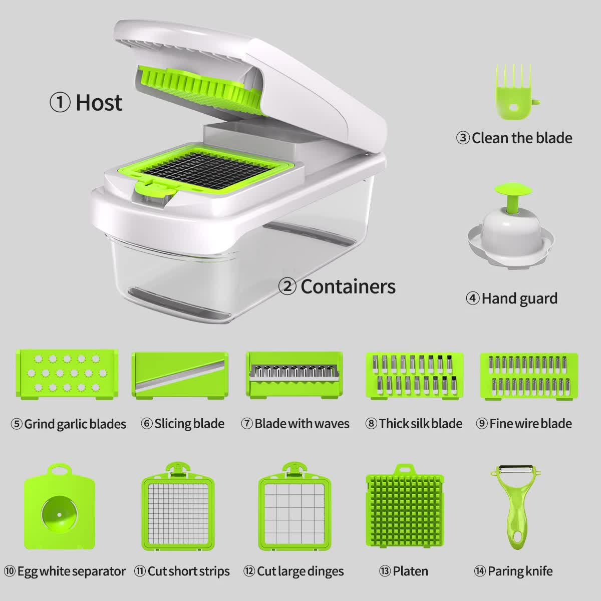 Green and White 14-Piece Multifunctional Vegetable Chopper and Slicer Set - Kitchen Cutting and Grating Tool