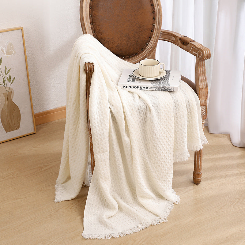 130*230CM Off White Nordic Solid Color Knitted Sofa Throw Blanket with Tassels – Waffle Weave Polyester Decorative Blanket