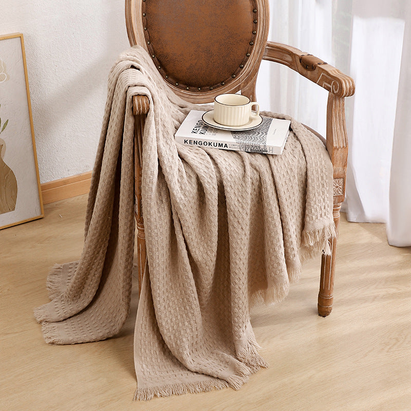 130*230CM Khaki Nordic Solid Color Knitted Sofa Throw Blanket with Tassels - Waffle Weave Polyester Decorative Blanket