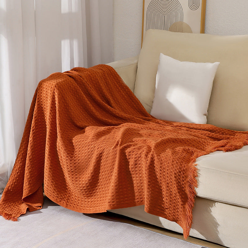 130*230CM Caramel Nordic Solid Color Knitted Sofa Throw Blanket with Tassels - Waffle Weave Polyester Decorative Blanket