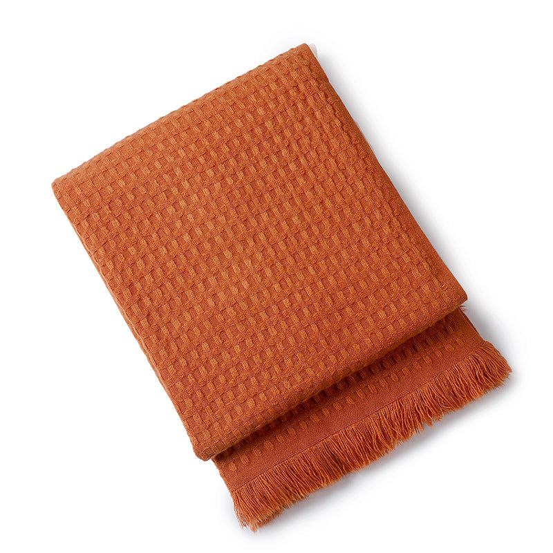 130*230CM Caramel Nordic Solid Color Knitted Sofa Throw Blanket with Tassels - Waffle Weave Polyester Decorative Blanket