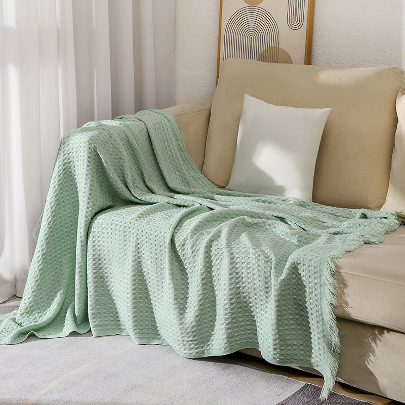 130*230CM Cyan Nordic Solid Color Knitted Sofa Throw Blanket with Tassels - Waffle Weave Polyester Decorative Blanket