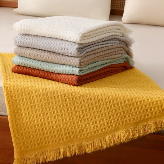 130*230CM Cyan Nordic Solid Color Knitted Sofa Throw Blanket with Tassels - Waffle Weave Polyester Decorative Blanket