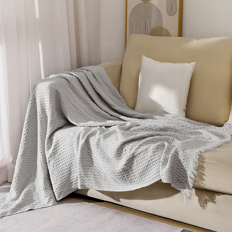 130*230CM Grey Nordic Solid Color Knitted Sofa Throw Blanket with Tassels - Waffle Weave Polyester Decorative Blanket
