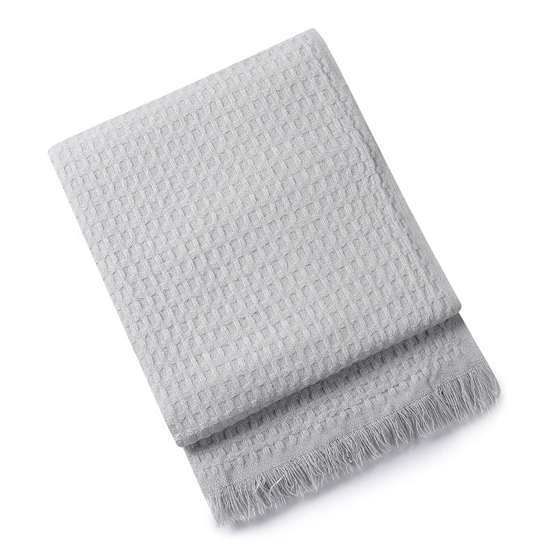 130*230CM Grey Nordic Solid Color Knitted Sofa Throw Blanket with Tassels - Waffle Weave Polyester Decorative Blanket