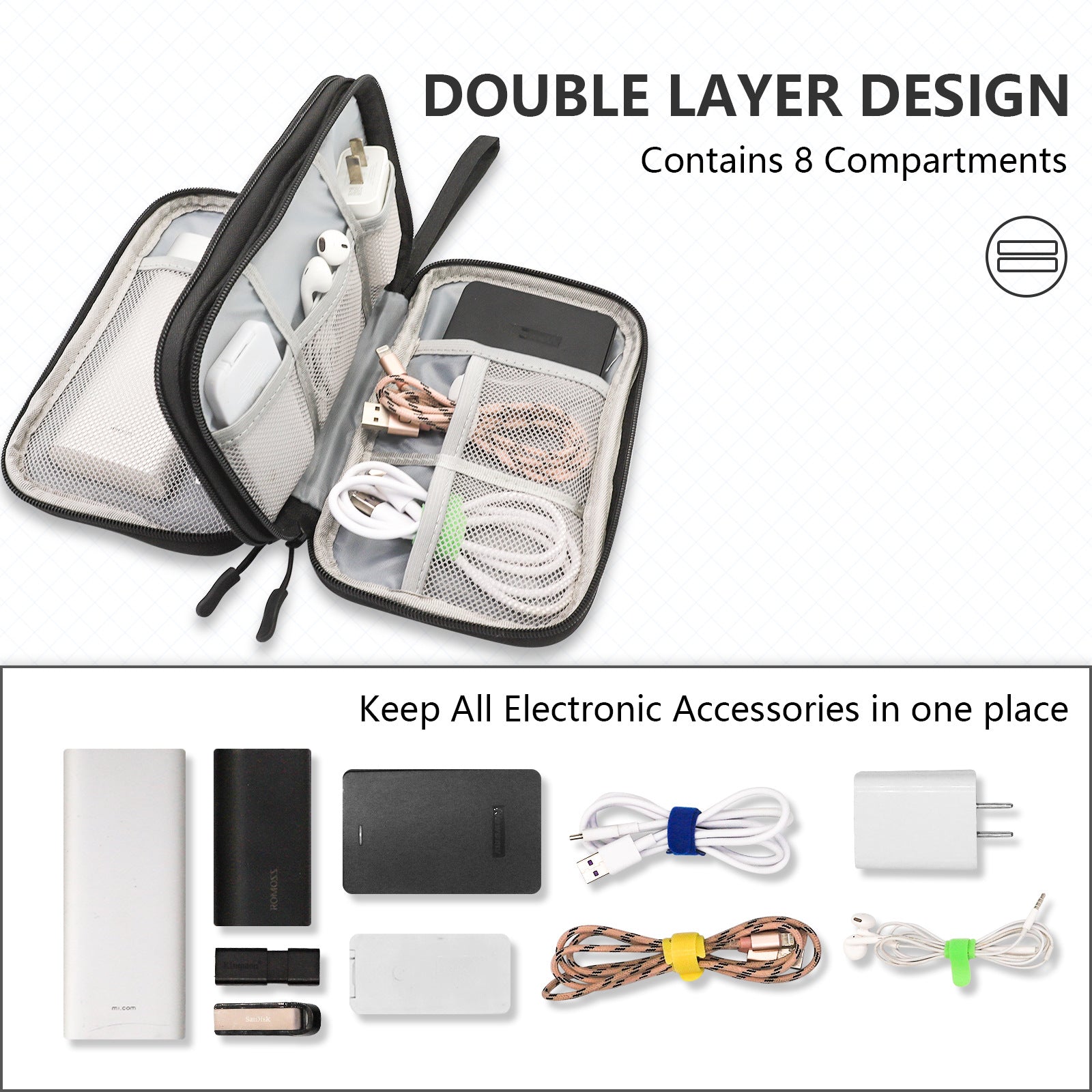 Black Portable Digital Organizer Bag – Multifunctional Storage for Power Banks, Cables, and Accessories Photography Props Not Included