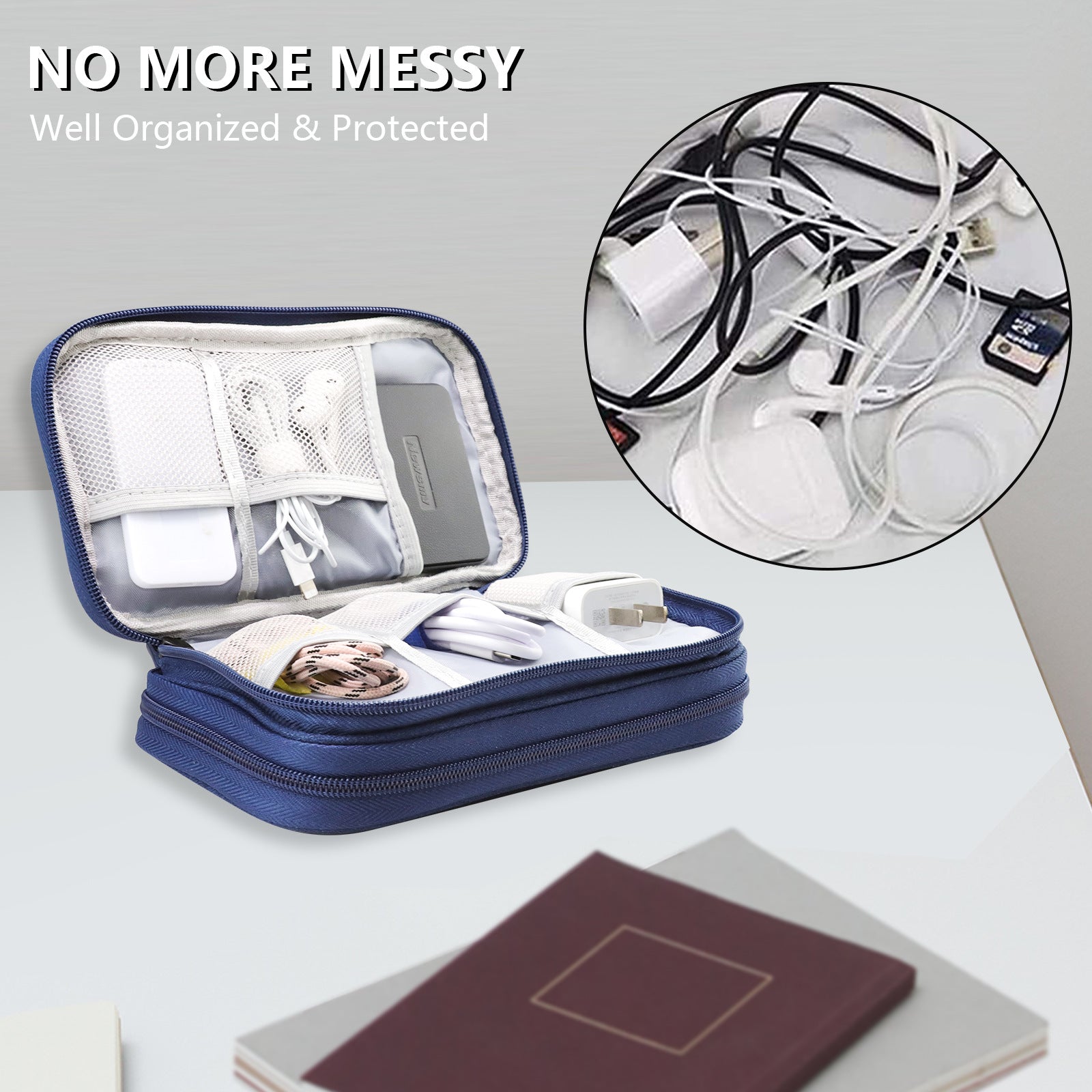 Dark Blue Portable Digital Organizer Bag - Multifunctional Storage for Power Banks, Cables, and Accessories Photography Props Not Included