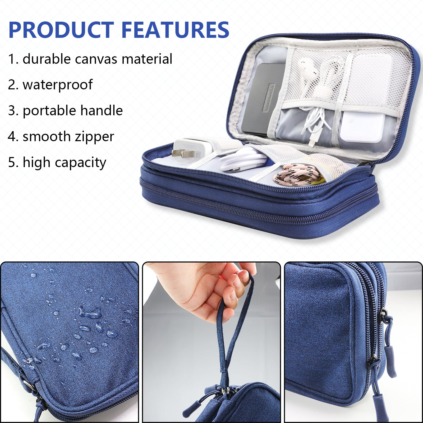 Dark Blue Portable Digital Organizer Bag - Multifunctional Storage for Power Banks, Cables, and Accessories Photography Props Not Included