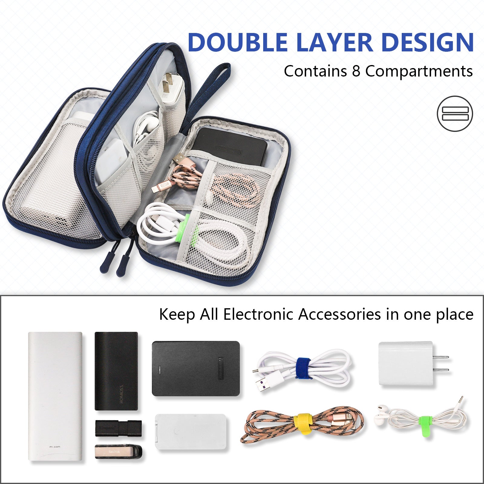 Dark Blue Portable Digital Organizer Bag - Multifunctional Storage for Power Banks, Cables, and Accessories Photography Props Not Included