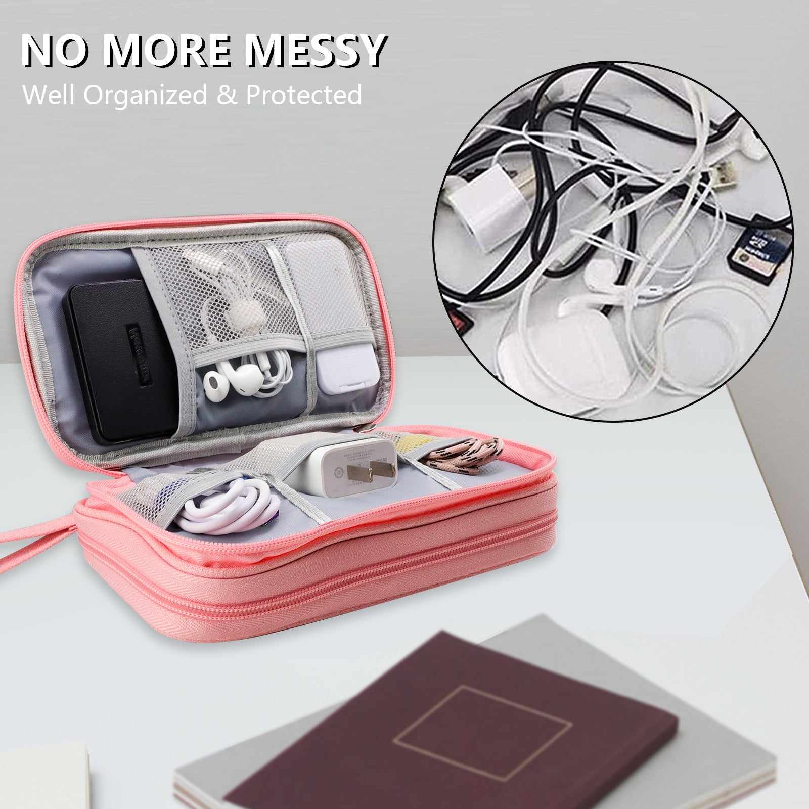 Pink Portable Digital Organizer Bag - Multifunctional Storage for Power Banks, Cables, and Accessories Photography Props Not Included