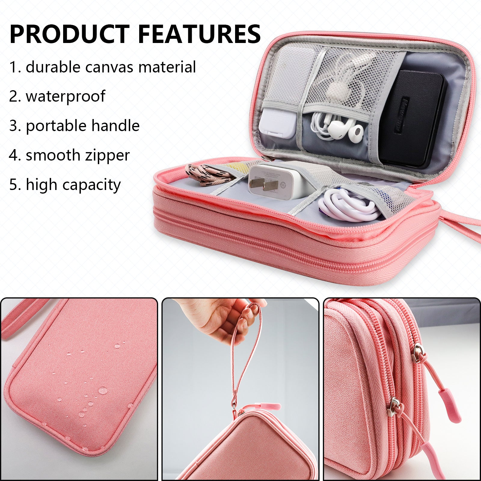 Pink Portable Digital Organizer Bag - Multifunctional Storage for Power Banks, Cables, and Accessories Photography Props Not Included