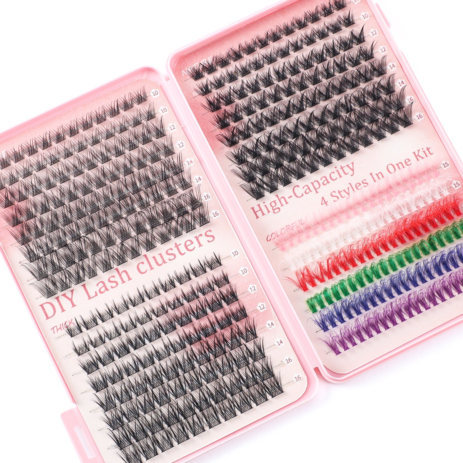 600 Eyelashes Set DIY Lash Clusters Kit - High-Capacity 4 Styles with Black and Colorful Lashes