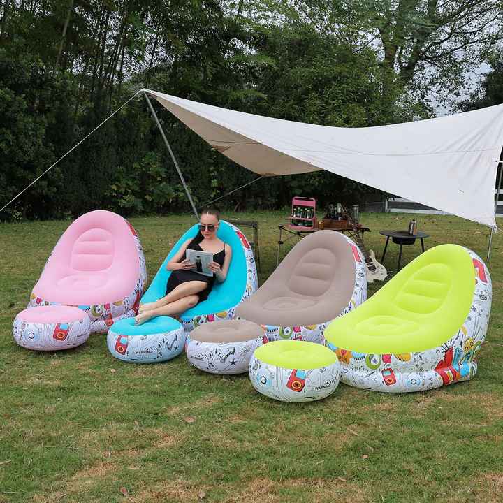 Yellow Graffiti Portable Inflatable Sofa Chair with Ottoman - Waterproof Flocked Lazy Sofa for Camping and Home Use