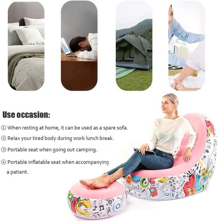 Grey And Black Patchwork Portable Inflatable Sofa Chair with Ottoman - Waterproof Flocked Lazy Sofa for Camping and Home Use