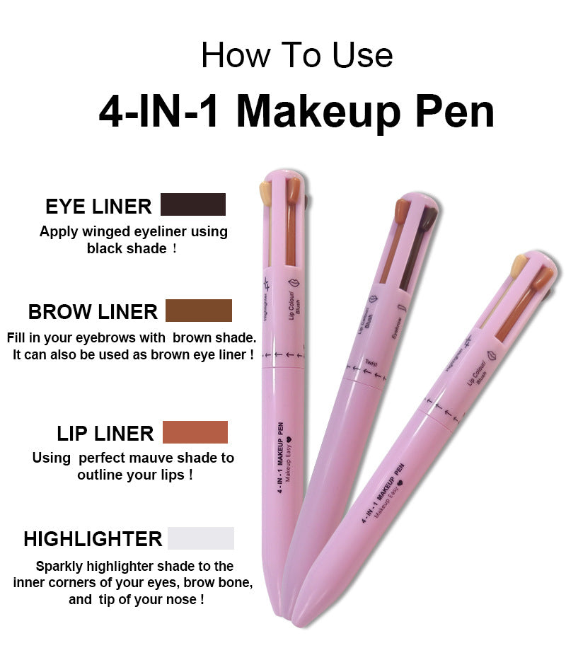 4-in-1 Multi-Functional Makeup Pen Set - Lip Liner, Highlighter, Eyeliner, Eyebrow Pencil 3 Shades, 3-Pack