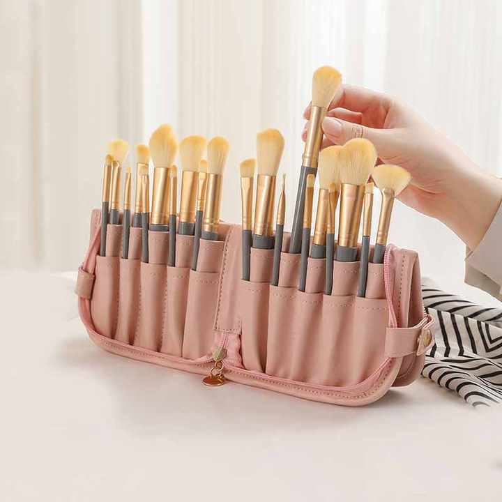 Black Portable Shell Makeup Brush Storage Bag - Multi-Functional PU Cosmetic Organizer with Button Closure, Convertible to Stand Design Make-up brushes are filming props, not included